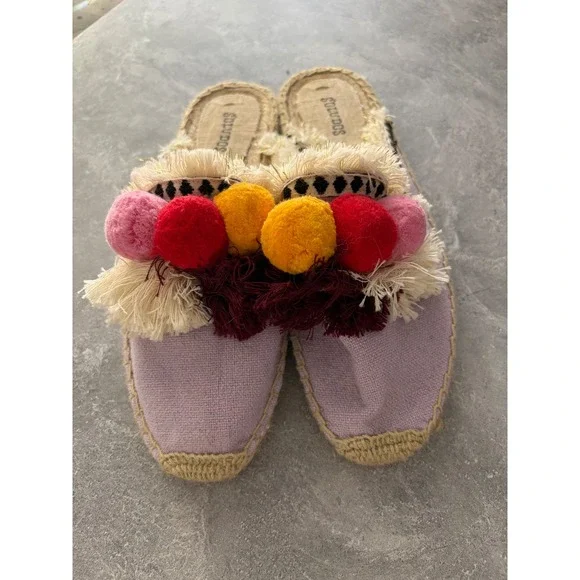 Soludos Womens Pom Pom Tassel Espadrille Mules Lilac Purple Canvas Flats Size 8 - Picture 3 of 5